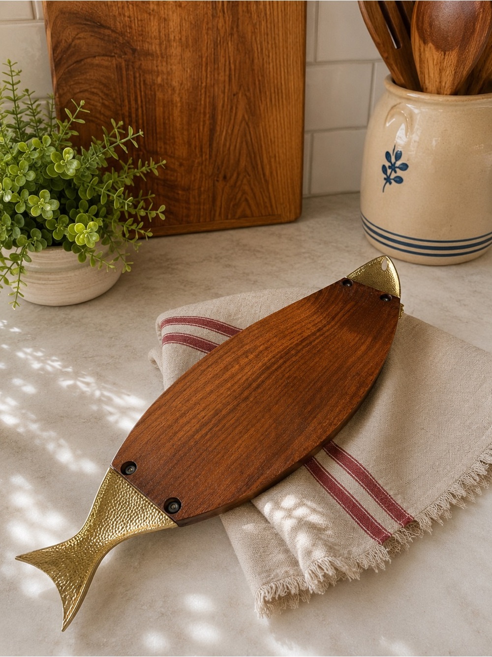Vintage Ted Arnold Salmon Serving Platter | Gold & Wood Charcuterie Cheese Board - Picture 3 of 5